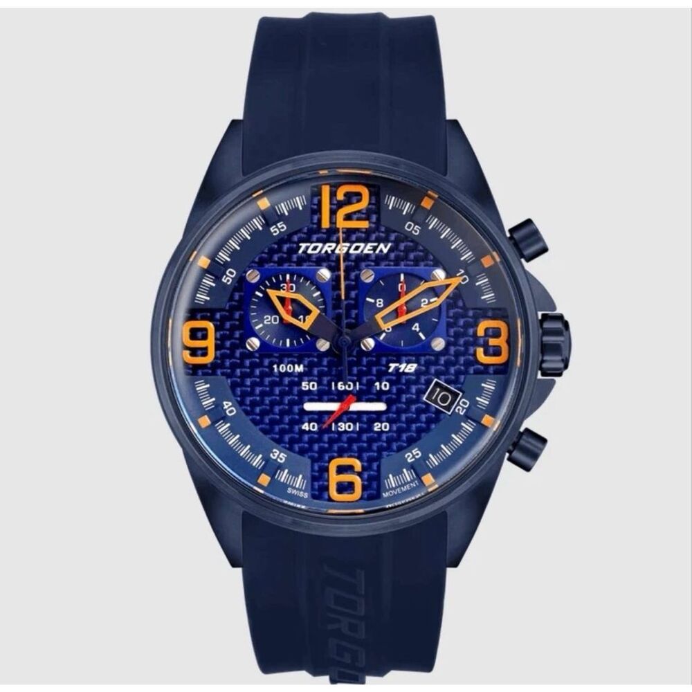 Torgoen TN1120 Carbon Fiber 45mm Professional Pilot Watch Blue Silicone Band NWT
